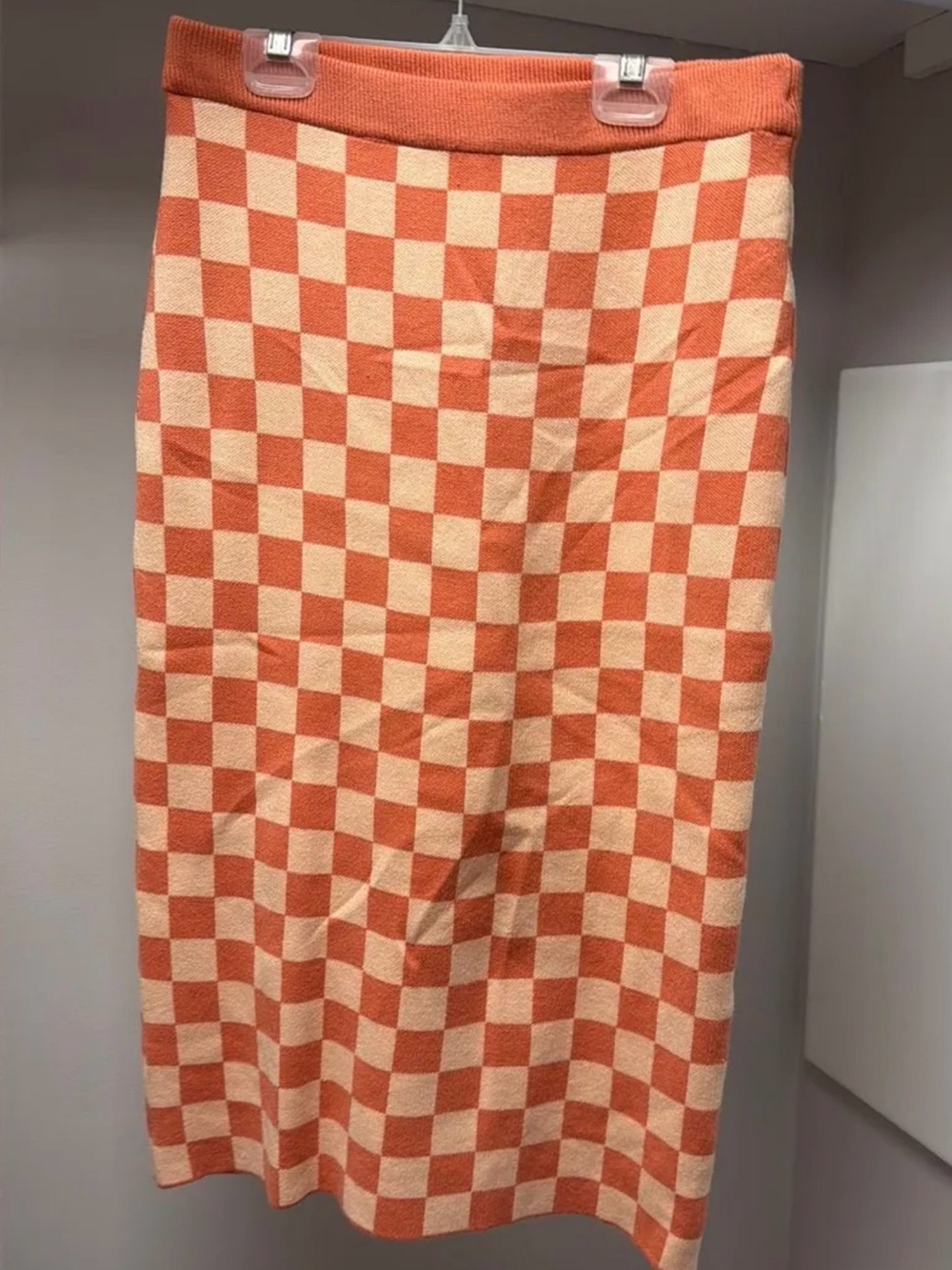 Roolee Checkerboard Orange & Cream Knit Midi Skirt